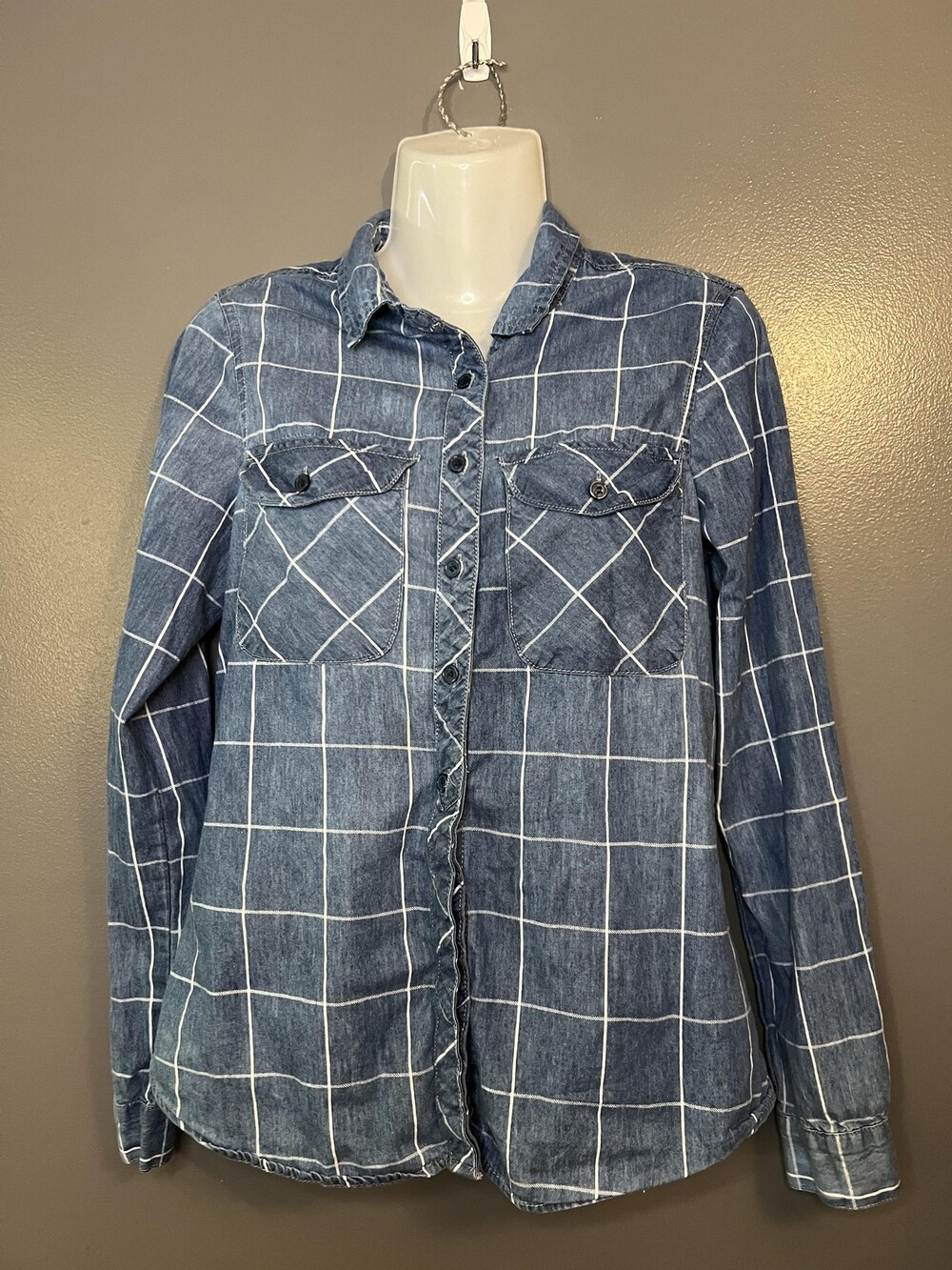 Japna Shirt Womens Small Blue Chambray Windowpane Plaid Button Down Long Sleeve